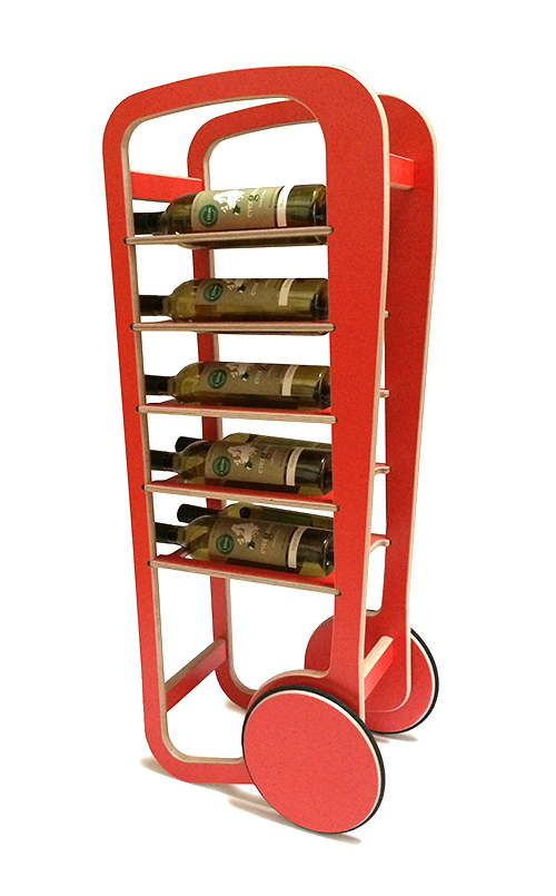 red fleimio wine trolley with wine bottles